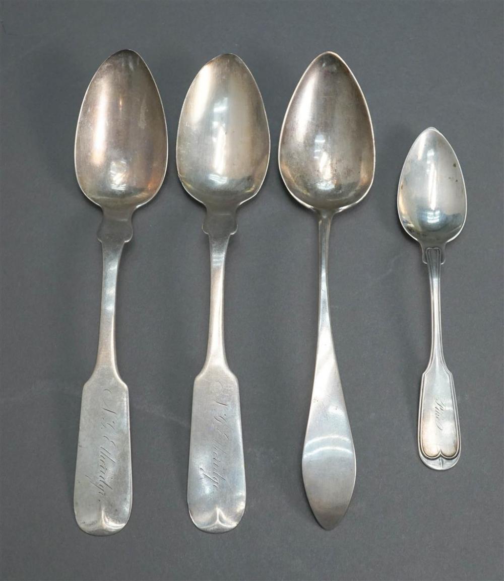 FOUR AMERICAN COIN SILVER SPOONS (THREE