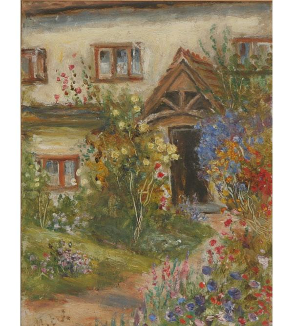 English cottage garden; oil on board;