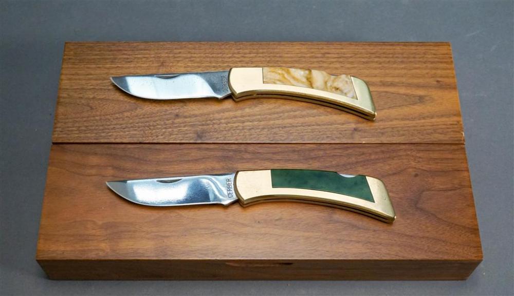 TWO GERBER FOLDING KNIVES IN WALNUT