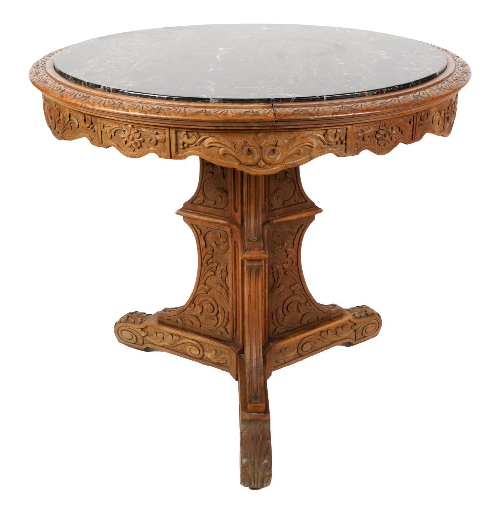 MARBLE-INSET CARVED OAK OCCASIONAL TABLEthe