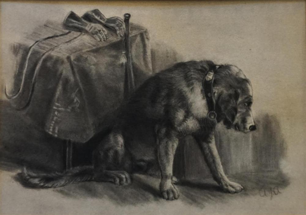 DOG WAITING FOR HIS MASTER CHARCOAL 32729a