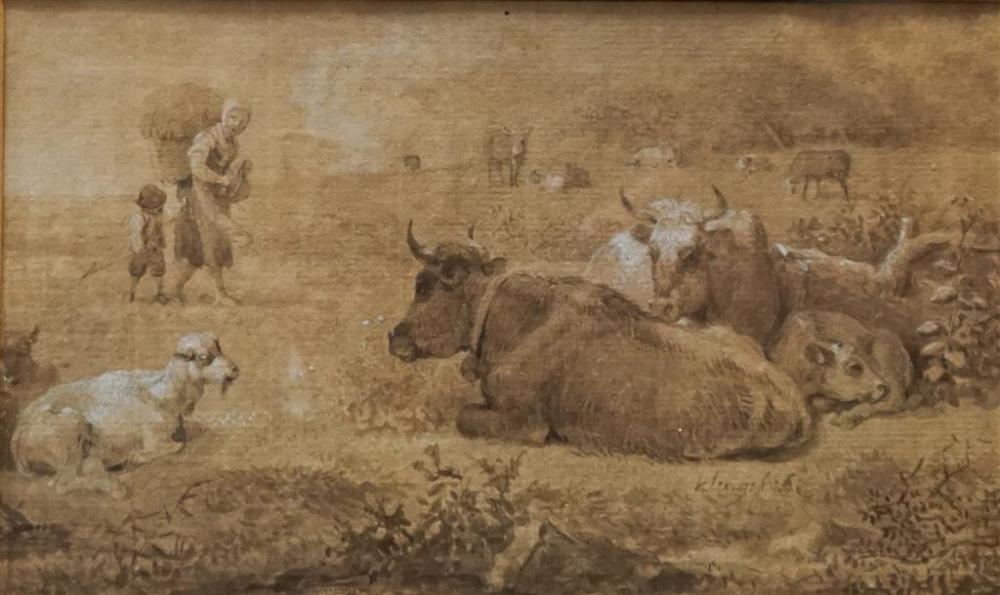 COWS IN A FIELD, SEPIA PRINT WITH WHITE