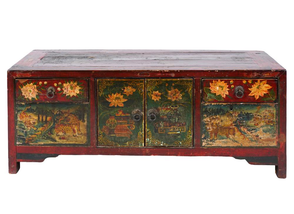 ASIAN PAINTED WOOD LOW CABINEThaving 32733f