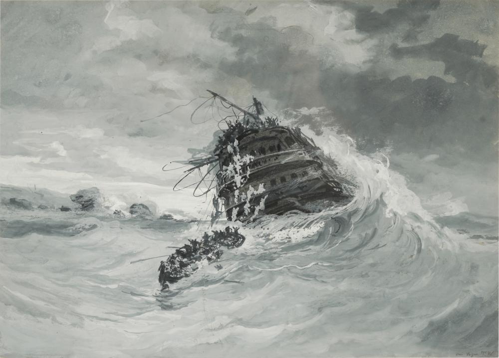 SHIPS IN A STORMY SEAgouache en