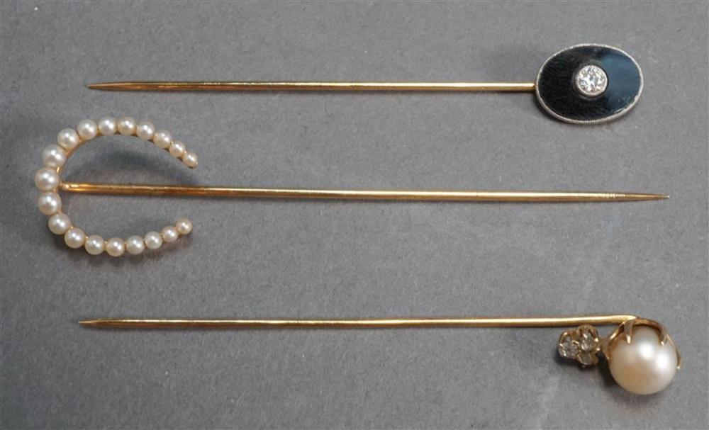 THREE 14-KARAT YELLOW-GOLD STICKPINS,