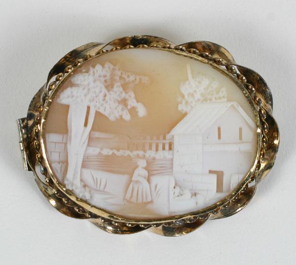Scenic Victorian shell cameo brooch