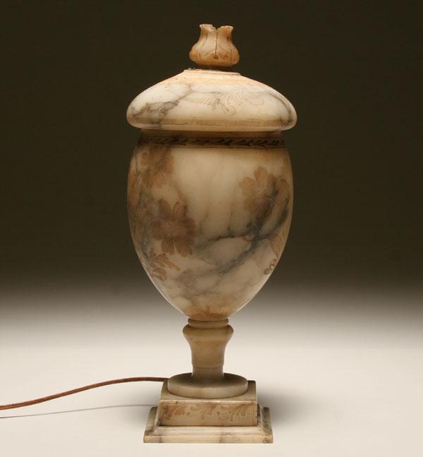 Alabaster lamp of lidded urn form; carved