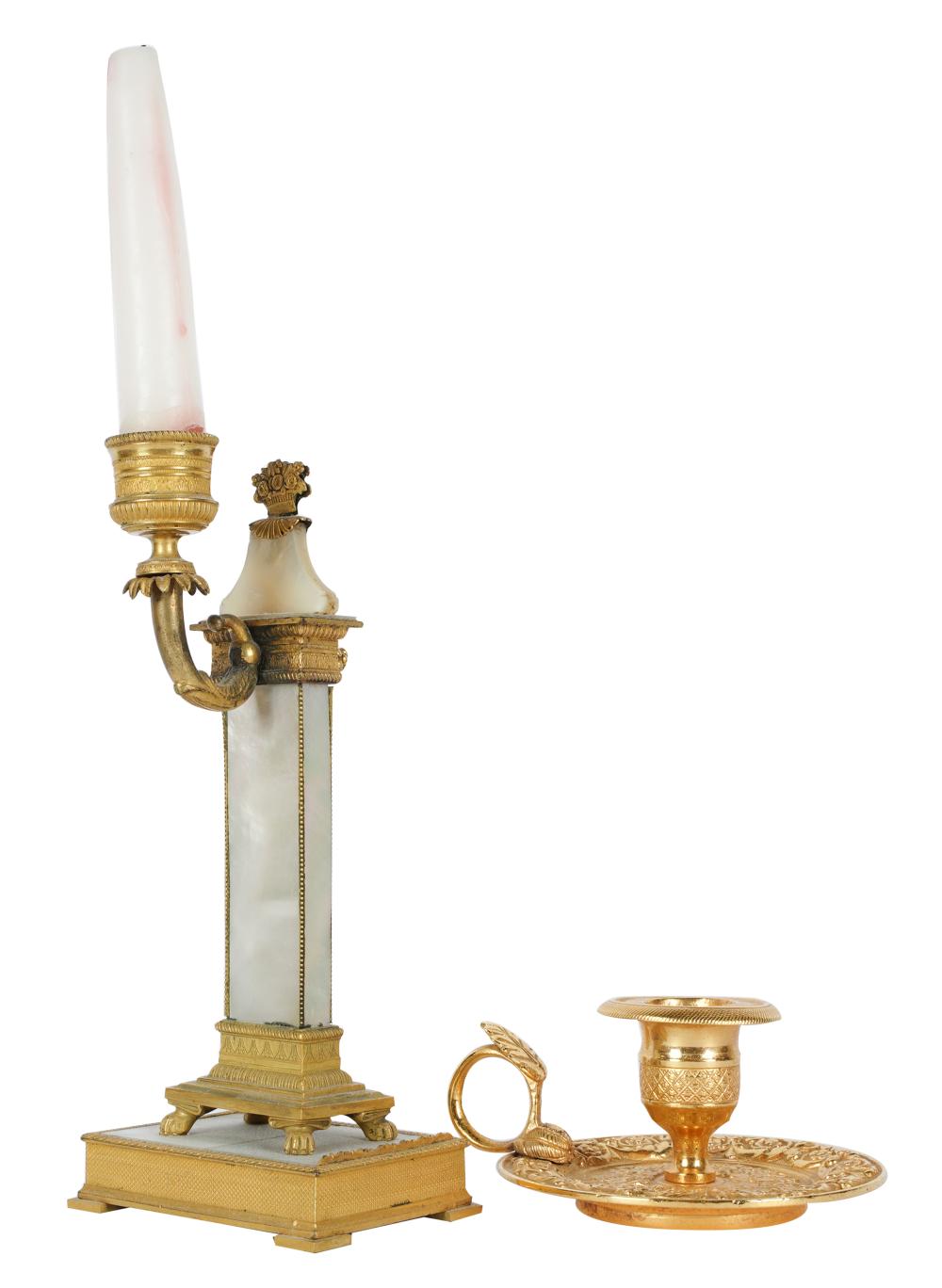 TWO ASSORTED GILT METAL CANDLESTICKSeach 327585