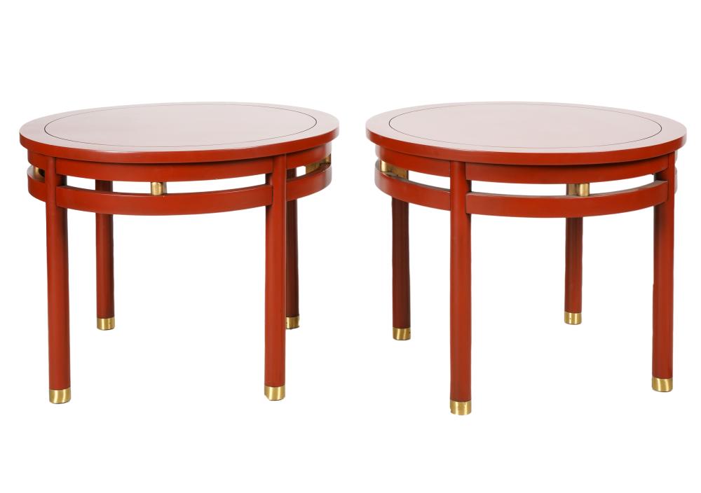 PAIR OF RED LACQUERED ROUND OCCASIONAL 32759d