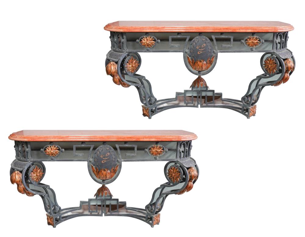 PAIR OF IRON & MARBLE CONSOLE TABLESSmodern;