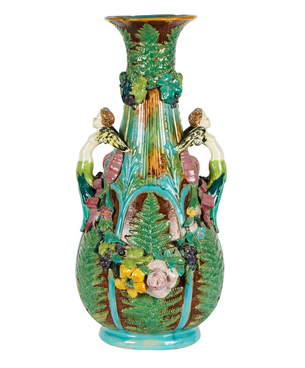 MAJOLICA URNunmarked with figural 327758