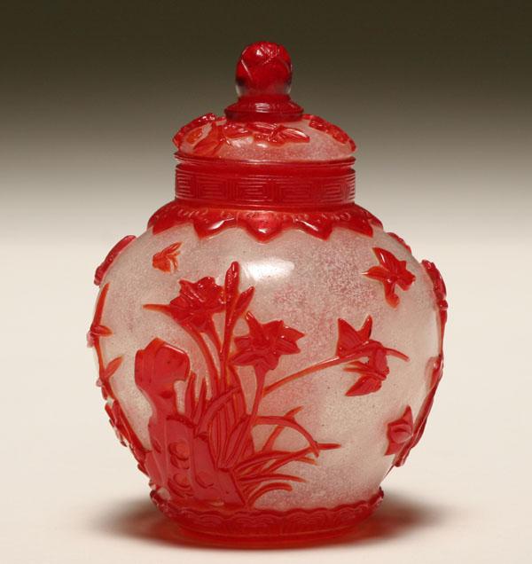 Peking lidded glass jar carved 50bf1