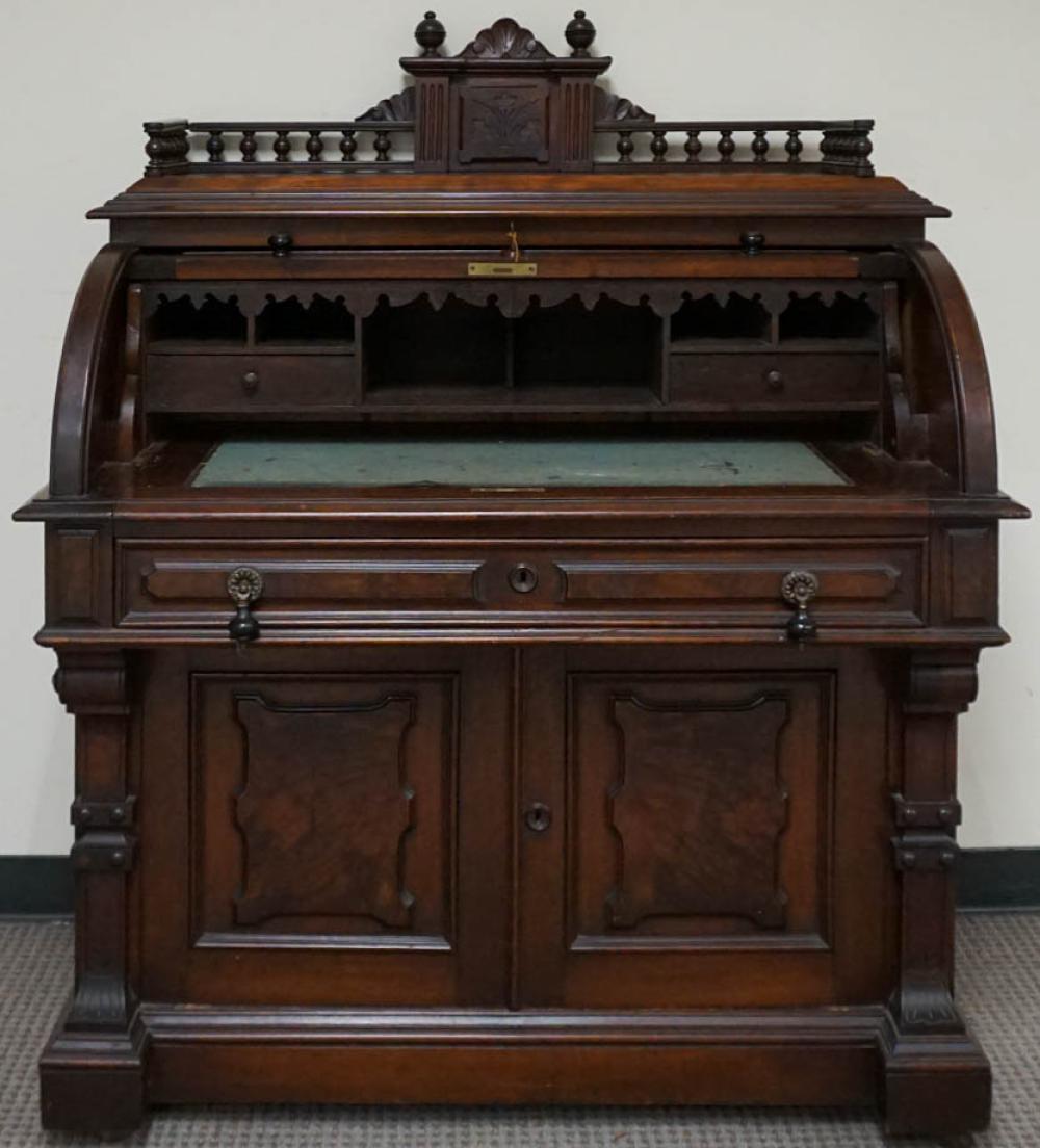 VICTORIAN BURL WALNUT ROLL TOP DESK,