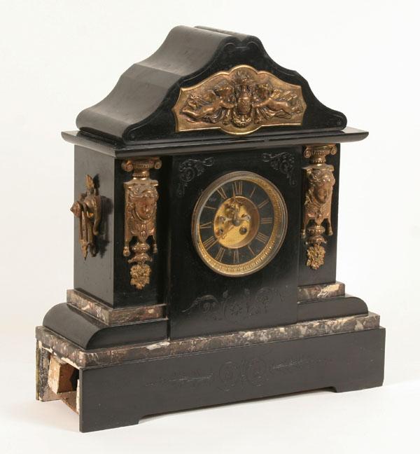 Massive mantle clock; ebonized marble