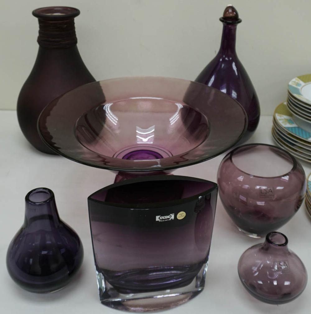 GROUP WITH SEVEN PURPLE GLASS TABLE