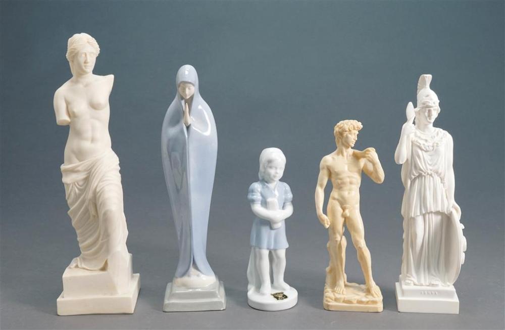 TWO PORCELAIN AND THREE PLASTER FIGURINESTwo