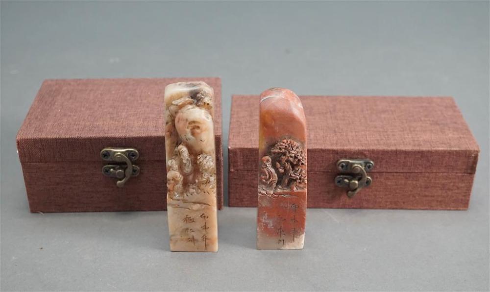 TWO CHINESE CARVED SHOUSHAN/SOAPSTONE