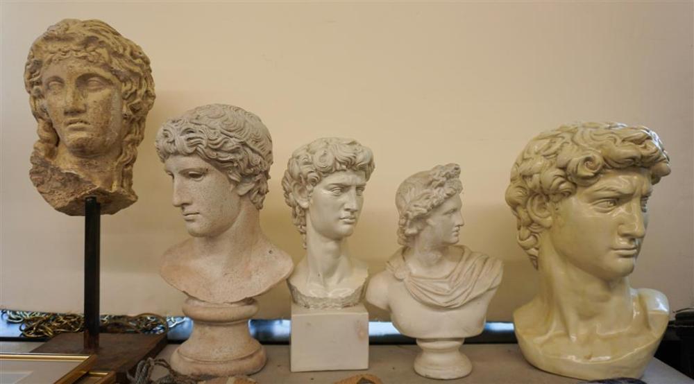 FIVE PLASTER BUSTS OF CLASSICAL
