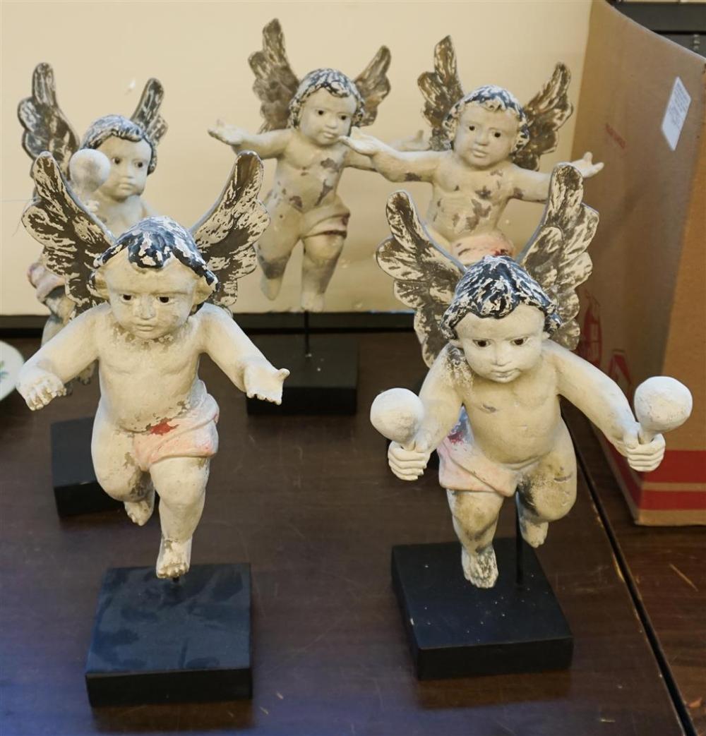 FIVE DECORATED PLASTER FIGURES OF CHERUBSFive