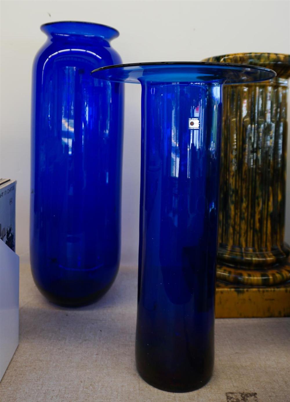 TWO BLENKO COBALT BLUE GLASS TALL VASESTwo