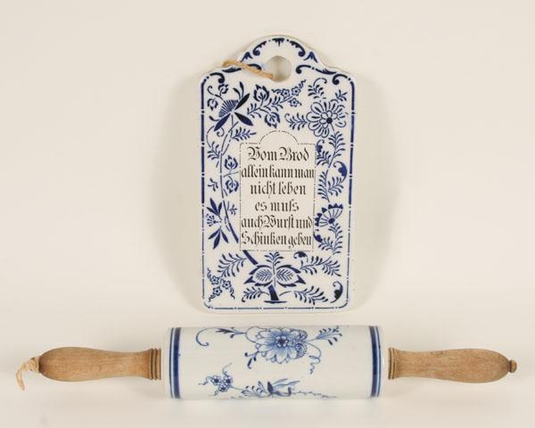 A German porcelain rolling pin and board