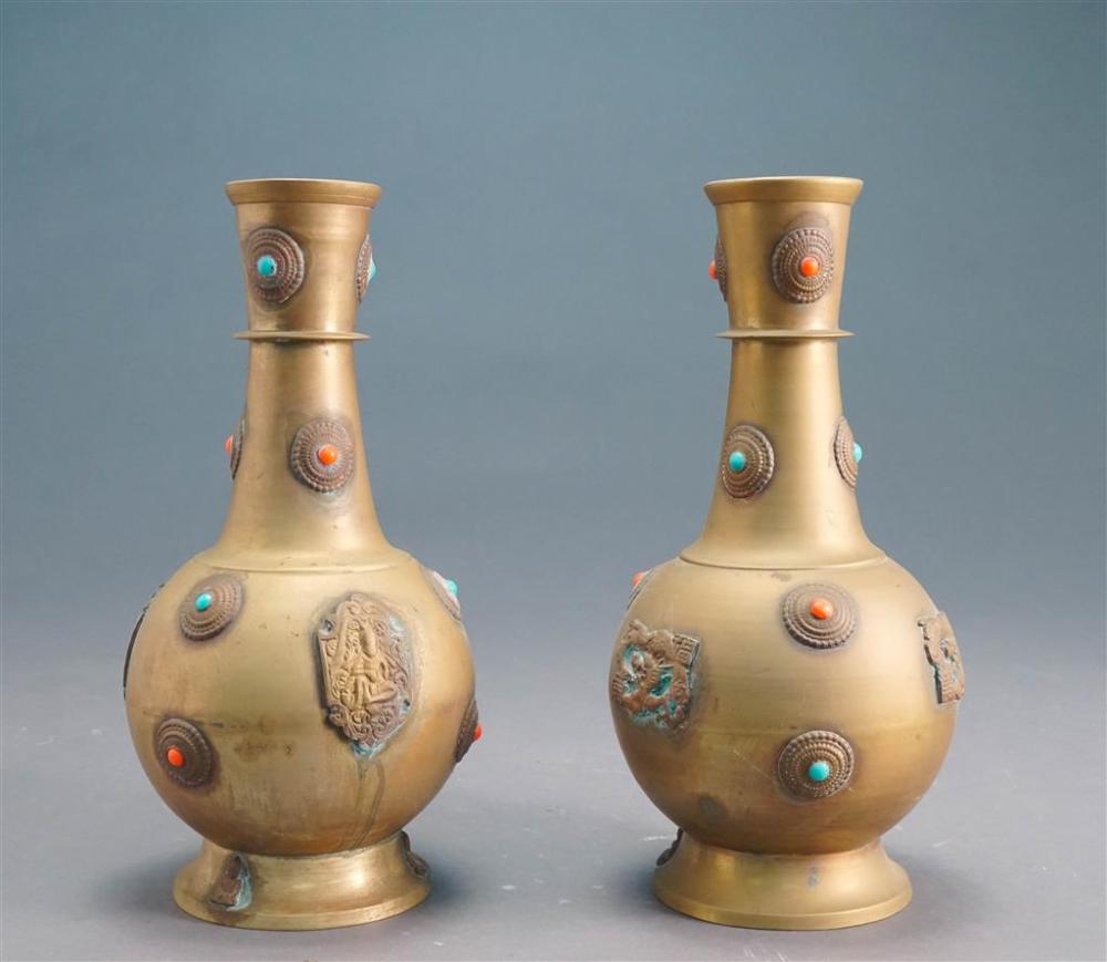 PAIR OF CHINESE JEWELED BRASS VASES,