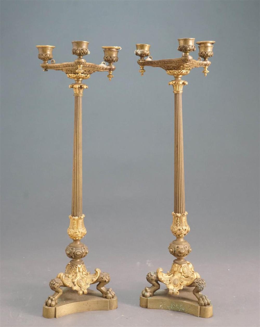 PAIR NEOCLASSICAL STYLE BRASS THREE-LIGHT