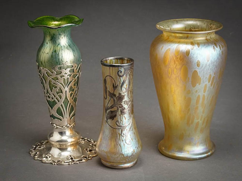 THREE ART NOUVEAU GLASS VASES,