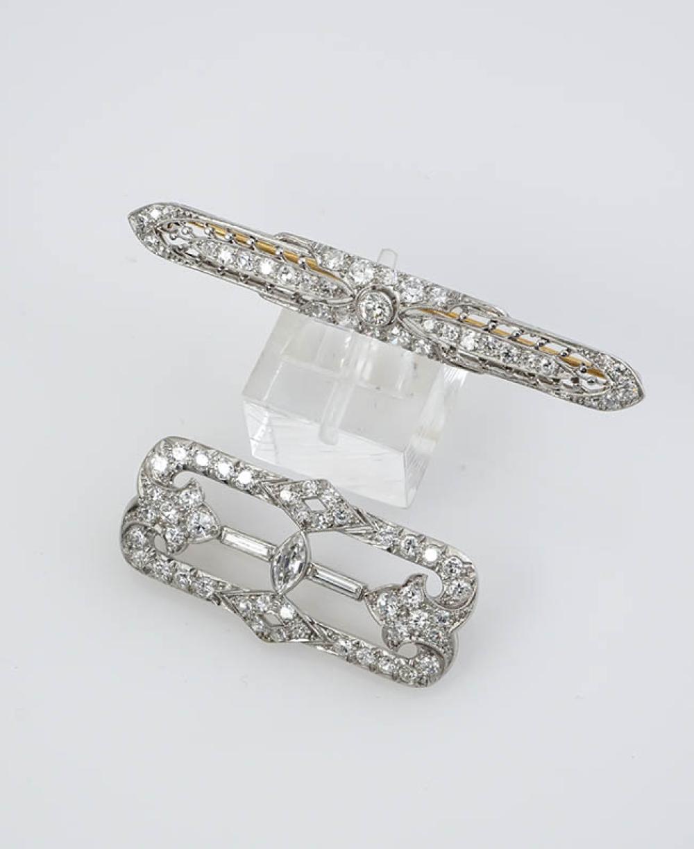 TWO PLATINUM AND DIAMOND BROOCHES,