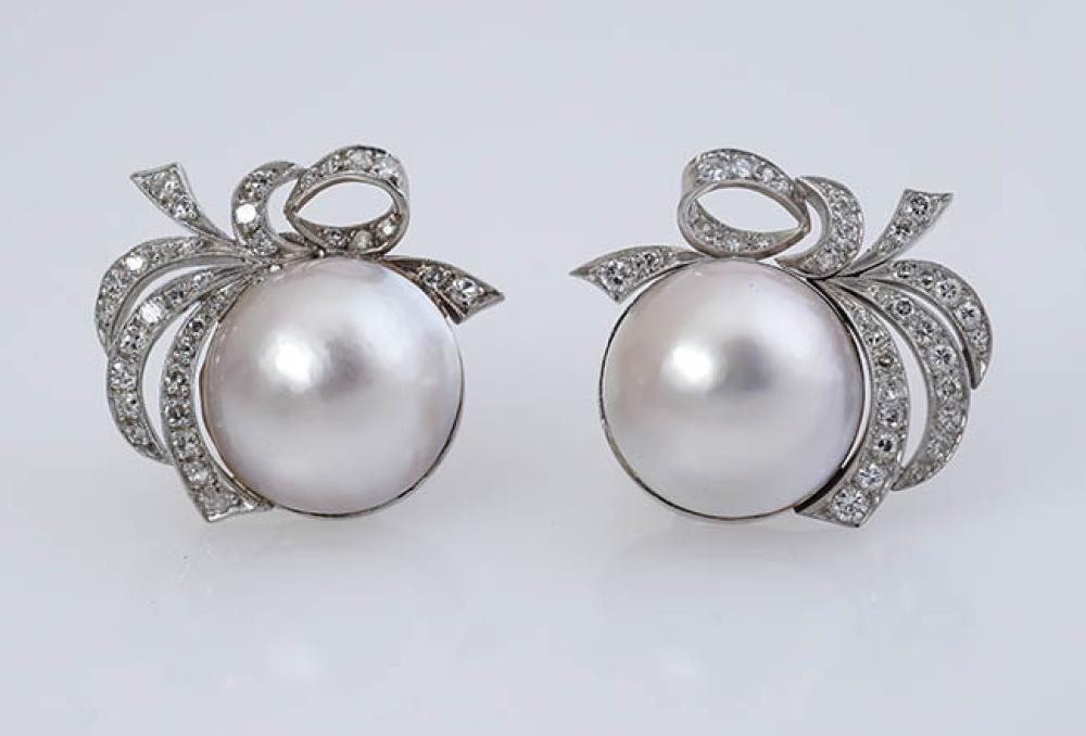 PAIR OF PLATINUM, MABé PEARL AND DIAMOND