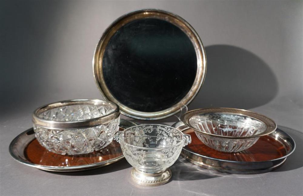 THREE SILVER PLATED WOOD TRAYS