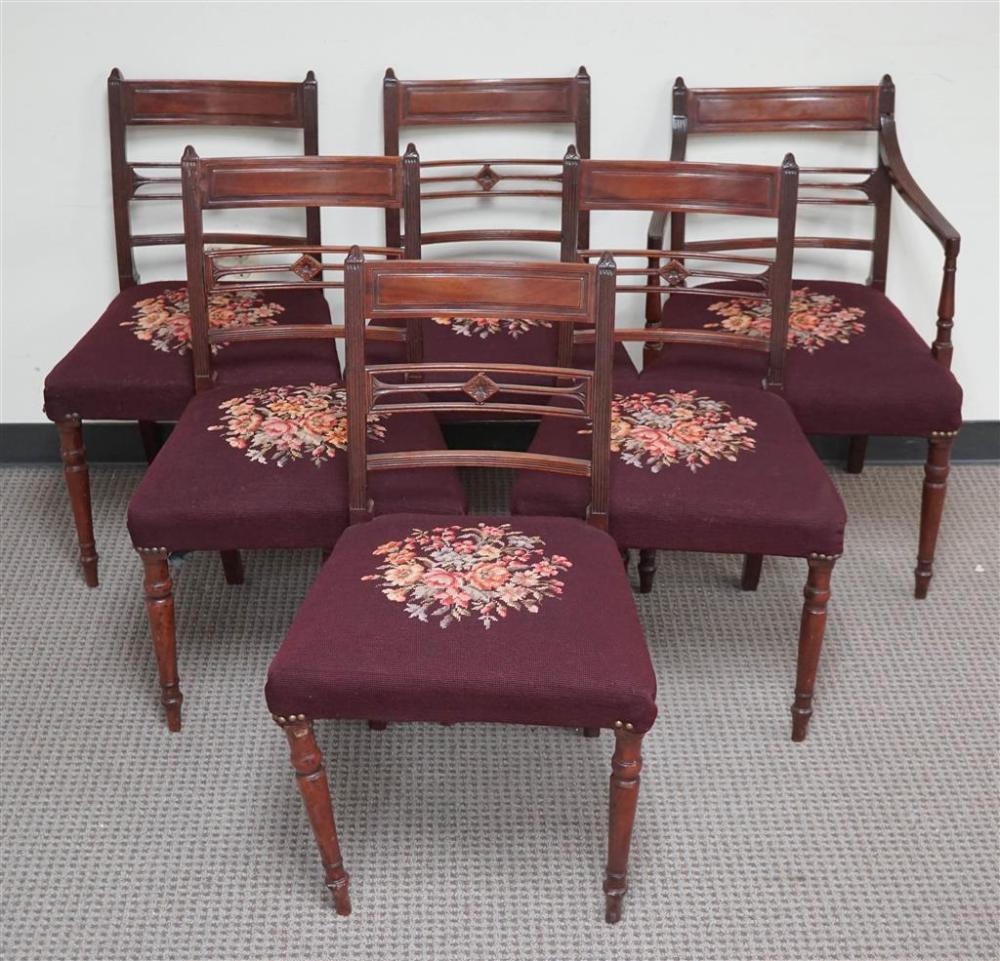 SET WITH SIX REGENCY MAHOGANY NEEDLEPOINT