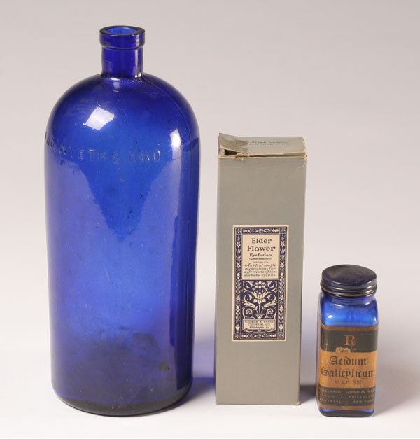 Variety cobalt medicine bottles; miscellaneous