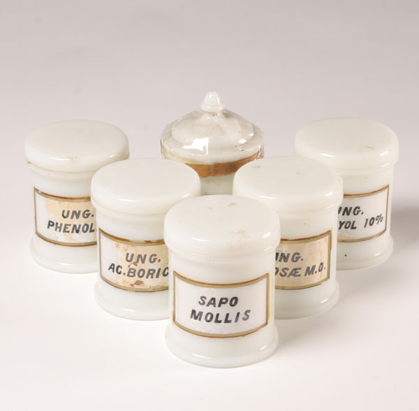 Milk glass ointment jars; all with