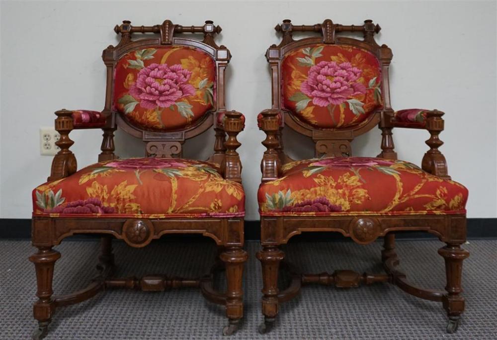 PAIR VICTORIAN STYLE HIBISCUS UPHOLSTERED 327d02