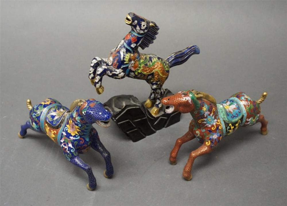 THREE CHINESE CLOISONNE FIGURES OF GALLOPING