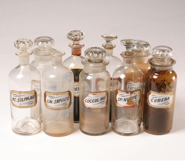 Stoppered glass pharmacy bottles