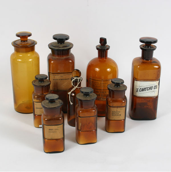 Lot of 9 Amber Pharmacy apothecary bottles