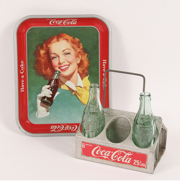 Coca Cola advertising tray, two bottles,