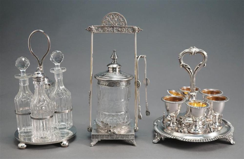 GROUP WITH SILVER PLATE EGG SET,