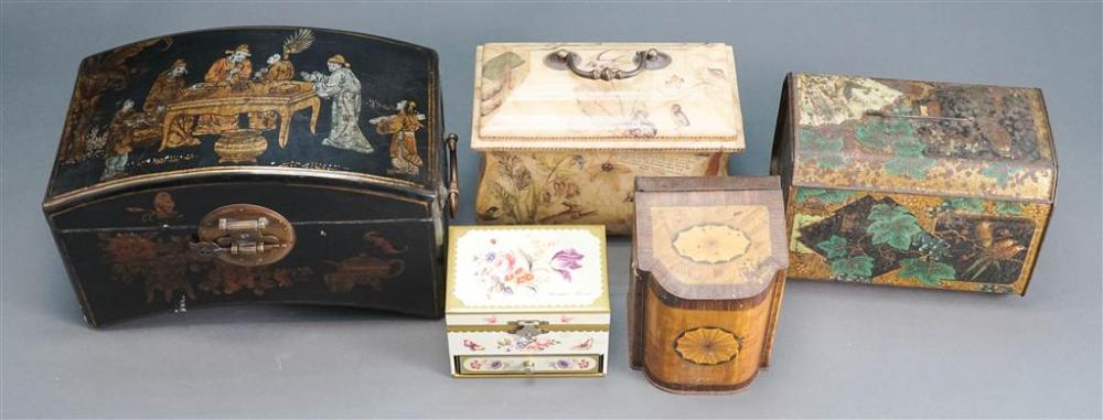 GROUP WITH MUSIC BOX, TWO ENAMEL TINS