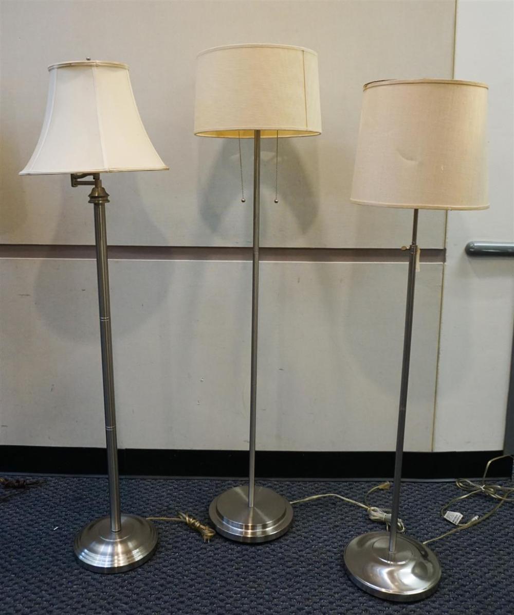 THREE CHROME FINISH FLOOR LAMPS,