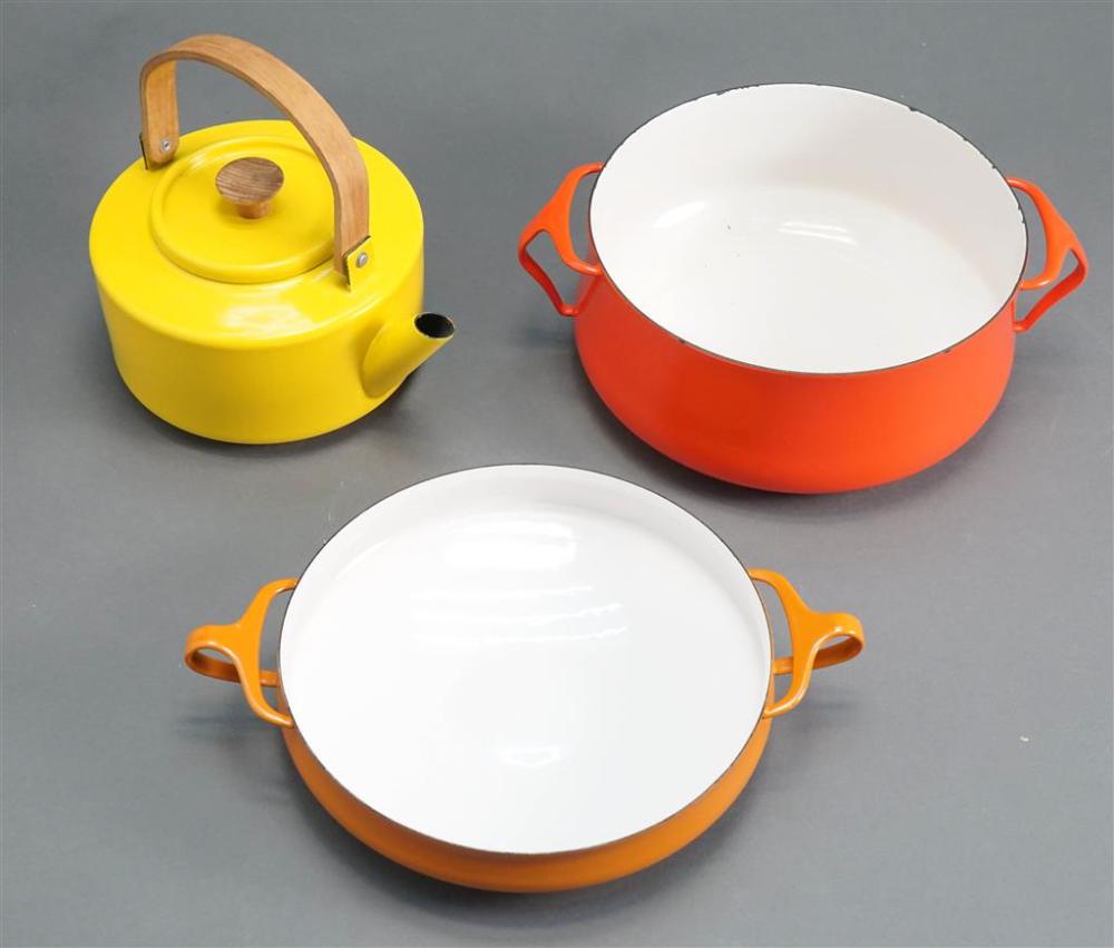 THREE PIECES OF ENAMEL CAST IRON COOKING