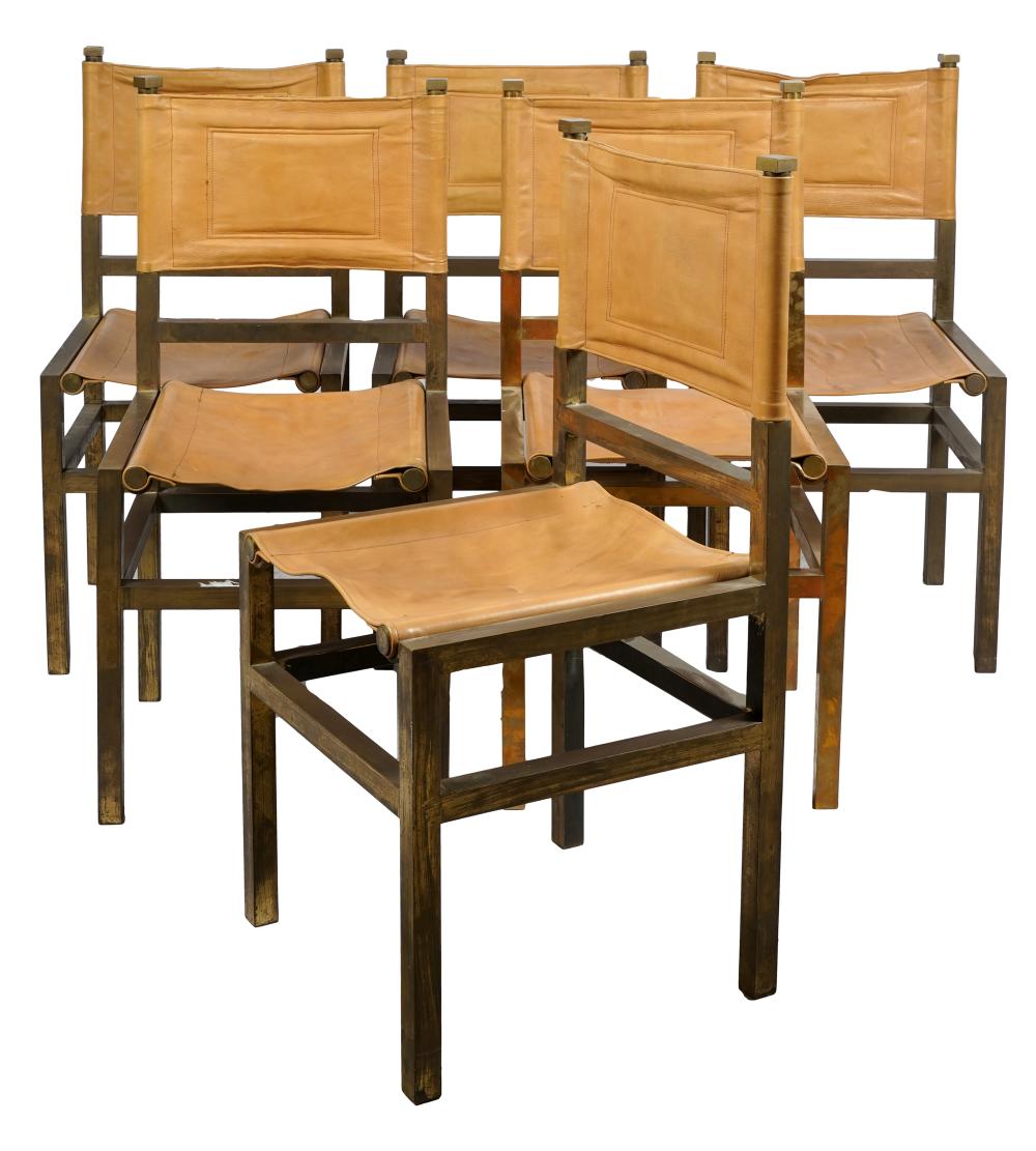 SET OF SIX BRASS & LEATHER DINING