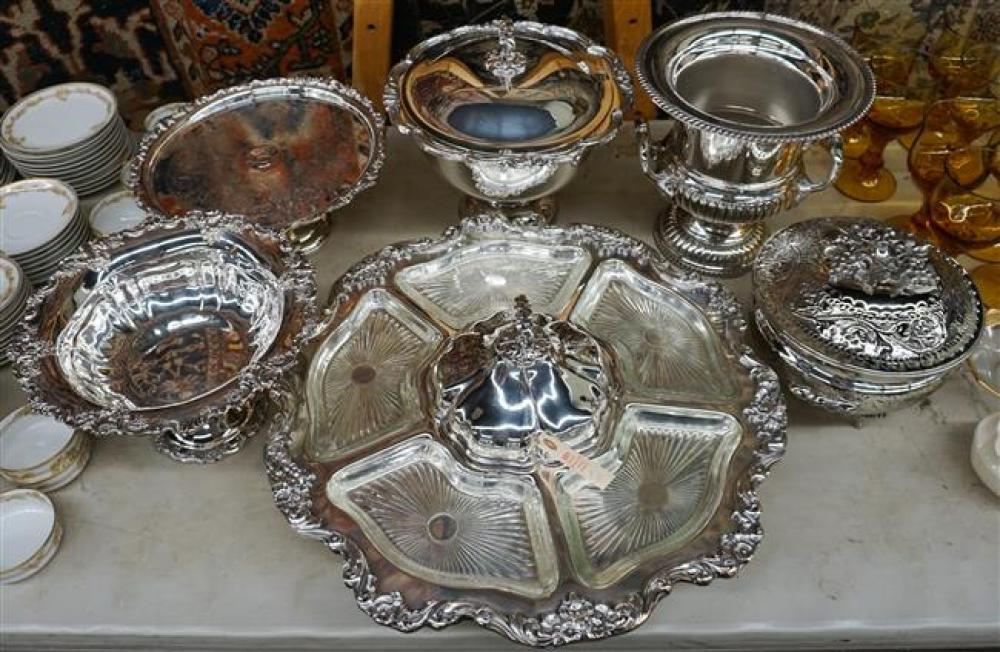 SIX ASSORTED SILVER PLATE SERVING ARTICLESSix