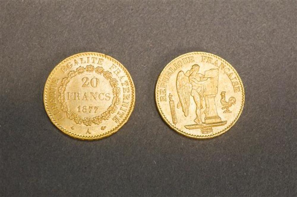 TWO FRENCH 20-FRANCS GOLD COINS,
