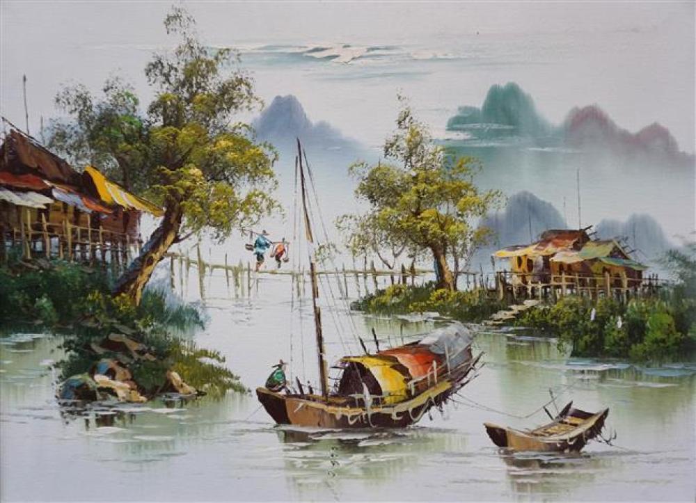 CHINESE SCHOOL, COTTAGES BY A RIVER,