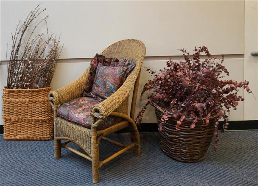 WICKER ARMCHAIR AND TWO WICKER BASKETSWicker