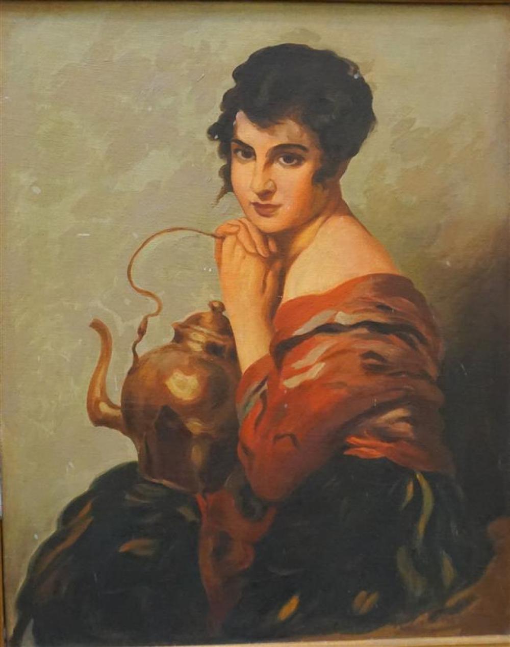 SEATED WOMAN WITH BRASS POT, OIL ON