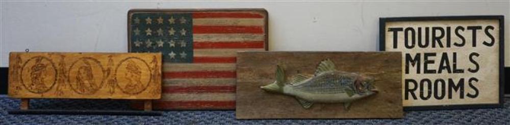 FOUR ASSORTED WOOD SIGNS (SIZE OF FLAG